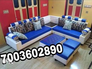 Blue- And White Leather Setcional Sofa