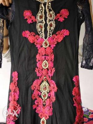 Black And Pink Floral Long-sleeved Dress