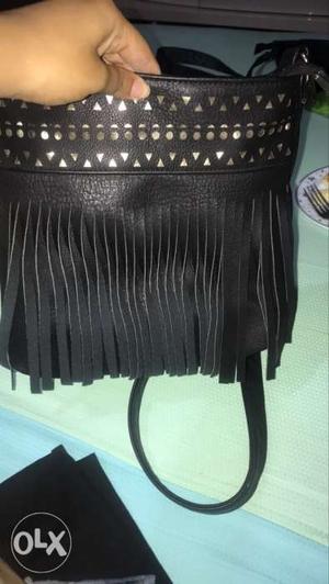 Black Leather Crossbody Bag With Leather Fringe