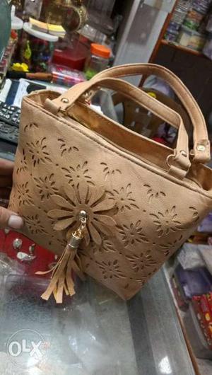 Brown Leather Floral Tote Bag
