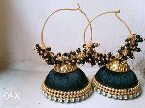 Gold-colored-and-black Silk Thread Jhumka Earrings