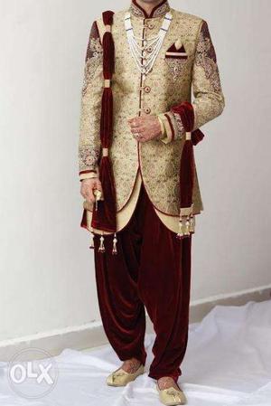 Golden Red Indo Western sherwani - 42 size with red velvet