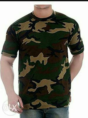 Green And Black Camouflage Crew-neck Shirt
