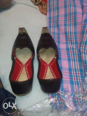 Pair Of Black-and-red Leather Flats