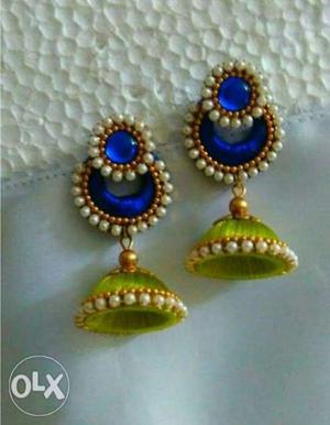 Pair Of Blue-and-green Silk Thread Jhumka Earrings