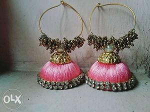 Pair Of Women's Pink Silk Thread Jhumkas Earrings