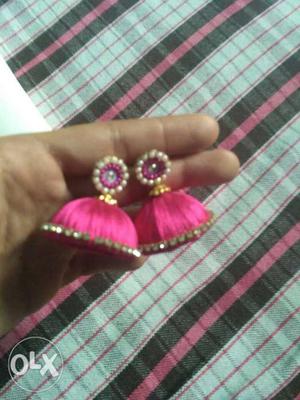 Pink Thread Silk Jhumka Earrings