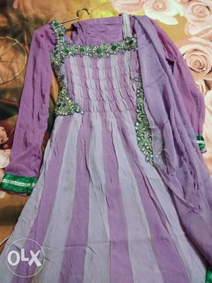 Purple And Green Floral Long-sleeved Dress