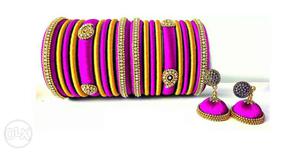 Purple-and-gold-colored Silk-thread Bangle Lot And Jhumka
