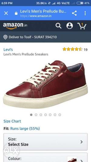 Red And White Levi's Prellude Sneakers in good condition