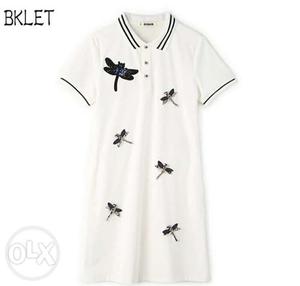 White And Black Dragonfly Print Polo Shirt
