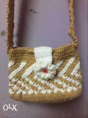 White And Brown Knit Sling Bag