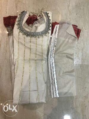 White Silk and Net Anarkali With Red Velvet Border