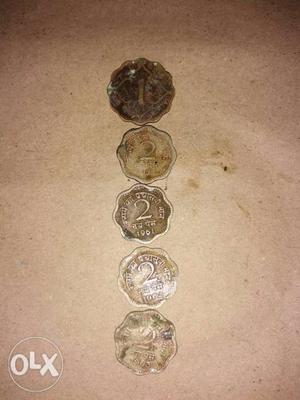 1 And Four 2 Silver-colored Indian Paise Coins