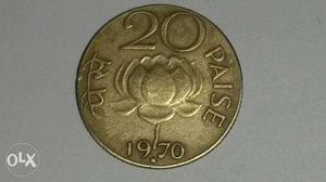 Round  Gold-colored 20 Indian Paisa Coin