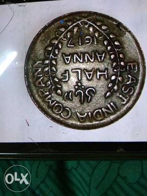 Round  Silver-colored Half Anna Coin