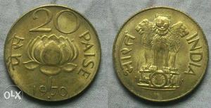 Two Round Copper-colored 20 Indian Paise Coins