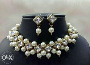 Beaded White Necklace And Pair Of Earrings