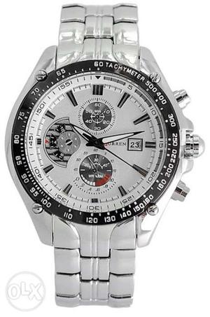 Round Silver-colored Chronograph Watch With Link Bracelet