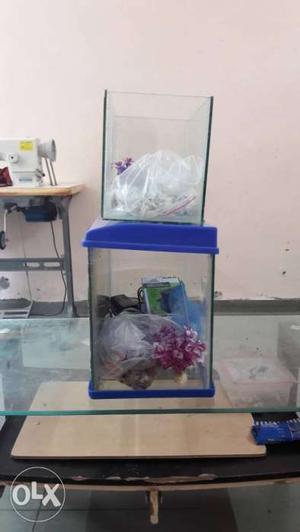 Two clear fish tank with air pump and plant and