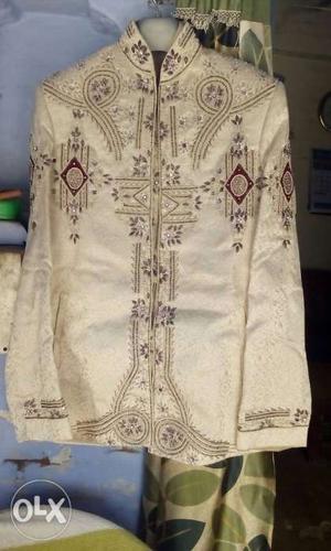 White And Brown Floral Jodphuri Suit