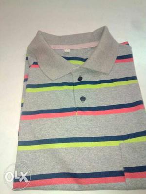 Black, Blue, Pink, And Lime-green Striped Polo Shirt