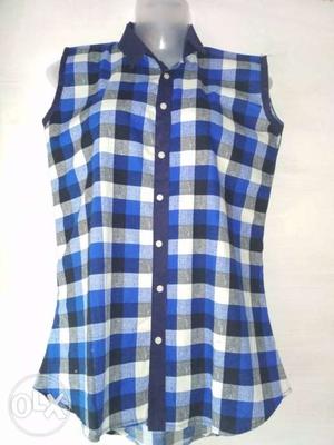 Blue, White, And Black Plaid Sleeveless Dress