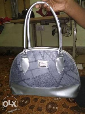 Gray And White Leather Tote Bag