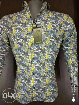 Gray, White, And Yellow Floral Dress Shirt