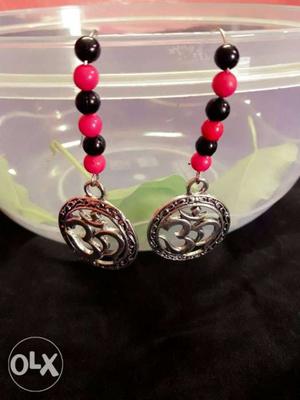 Pair Of Beaded Black-red-and-silver-colored Earrings