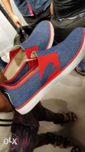 Pair Of Blue-and-red Slip-on Shoes