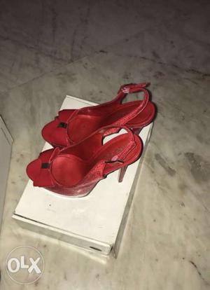 Pair Of Red Leather Peep-toe Stilettos