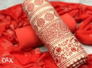 Red Cotton Embroidered dress material