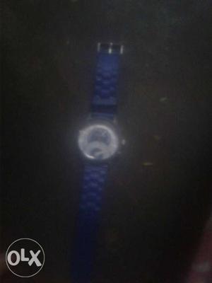 Round Silver-colored Watch With Blue Link Bracelet