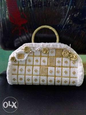 White And Gold Floral Handbag