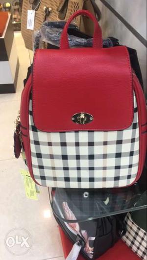 White And Red Checked Leather Backpack