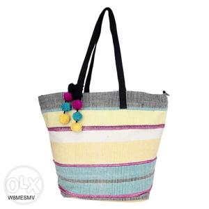 White, Pink, And Blue Striped Tote Bag