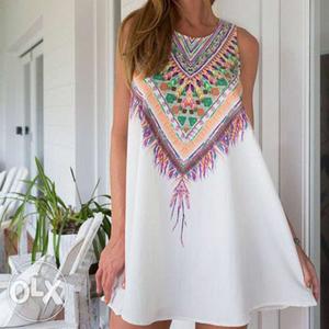 Women's White And Multicolored Sleeveless Mini Dress
