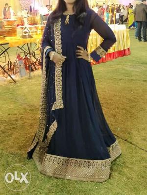 Anarkali dress pure chiffon fabric with work blue size XL