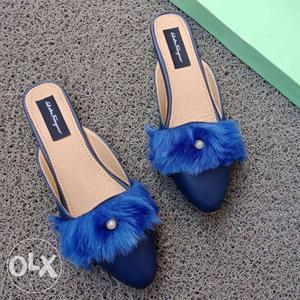 Pair Of Blue Pointed-toe Heeled Shoes With Fur