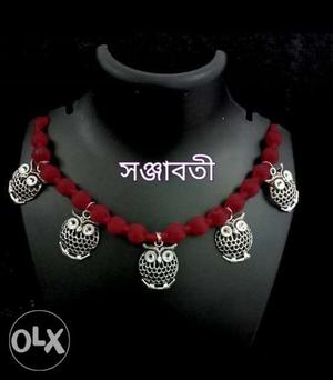 Red Bead Necklace With Owl Silver-colored Charms