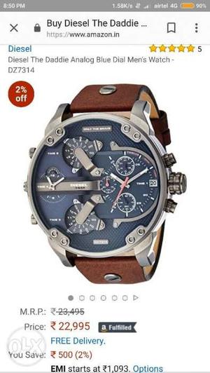Round Black And Brown Chronograph Watch With Brown Leather