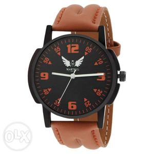 Round Black And Red Chronograph Watch With Orange Strap