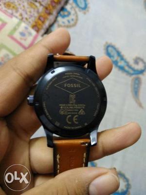 Round Black Digital Watch With Brown Leather Strap