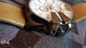 Round White Diesel Chronograph Watch With Brown Leather