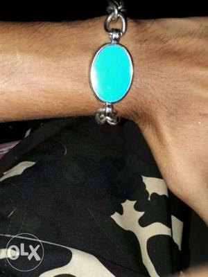Silver-colored And Blue Polished Stone Bracelet