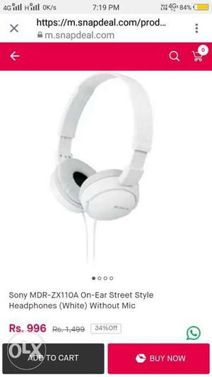 White Sony MDR-ZX11OA Headphones one day old  new