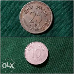 25 paisa gold colour coin  nd 10 paisa silver