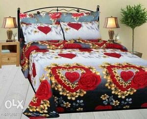 Black Metal Bed Frame, Mattress, Bed Sheet, And Pillows