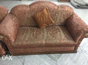 Brown And Beige Floral Fabric 2-seat Sofa
